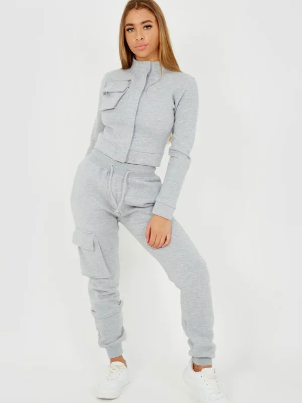 Angie Utility Pocket Zipped Fleece Tracksuit In Grey made by Vivichi