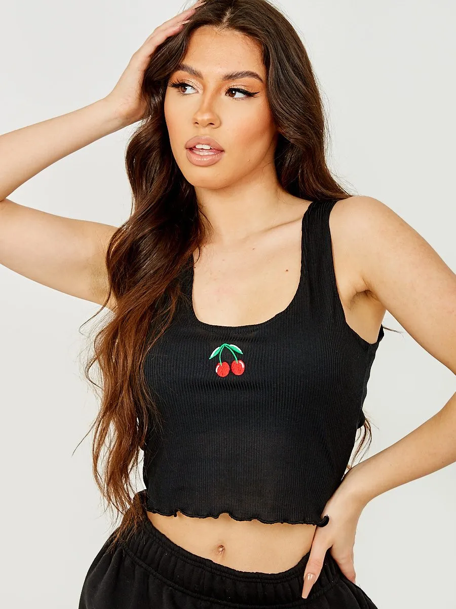 Izzy Embroidered Cherry Rib Crop Top In Black sold by Vivichi product image thumbnail 3