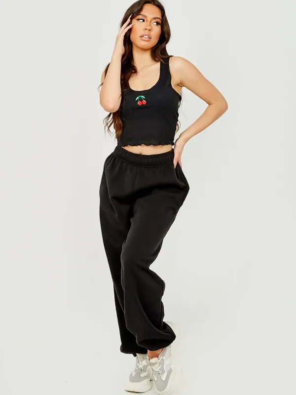 Izzy Embroidered Cherry Rib Crop Top In Black sold by Vivichi