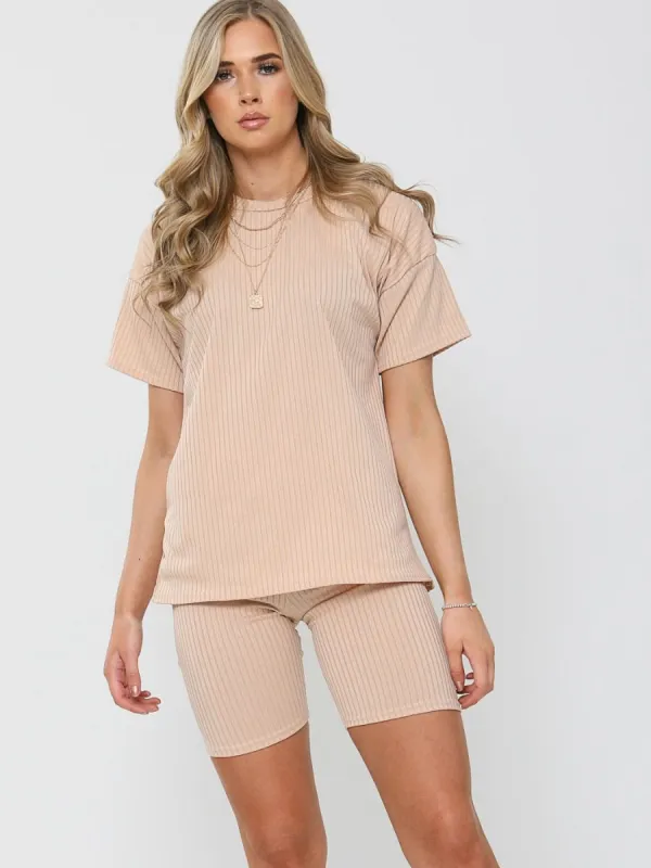 Millie Ribbed Oversized T-Shirt & Shorts Co-ord In Stone sold by Vivichi