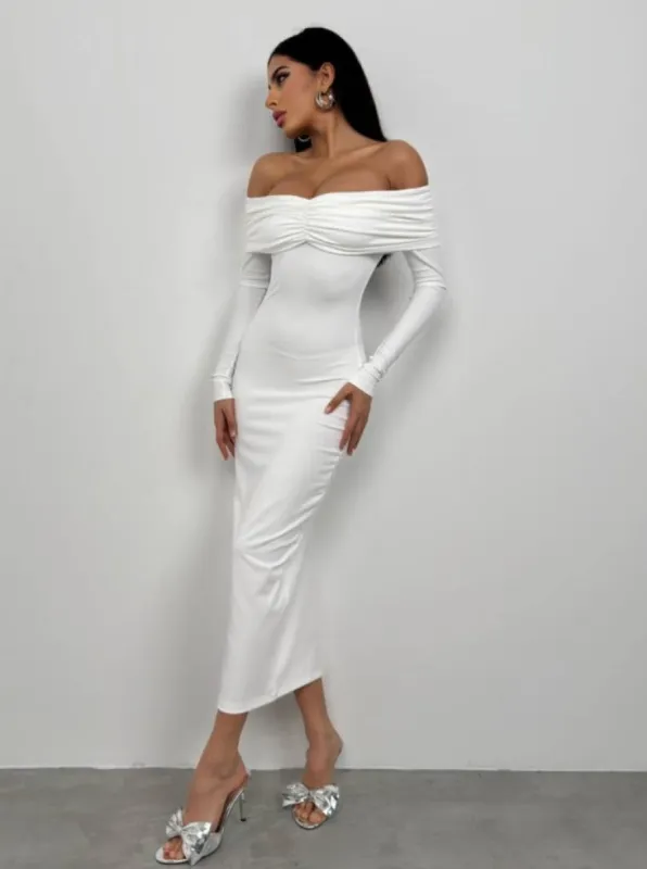 Mollie Boat Neck Gather Detail Maxi Dress In White sold by Vivichi