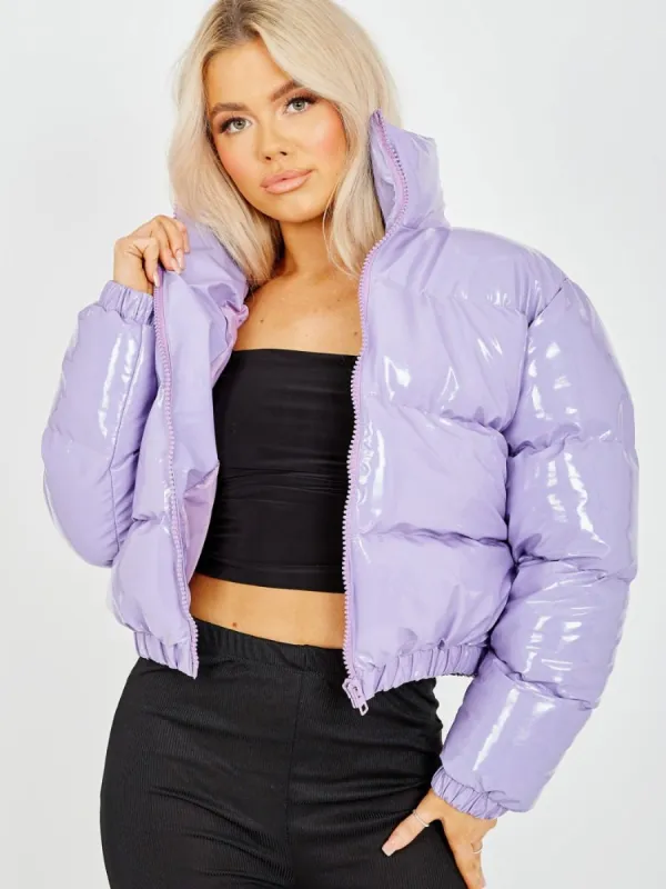 Emilia PVC Leather Cropped Puffer Jacket In Lilac sold by Vivichi