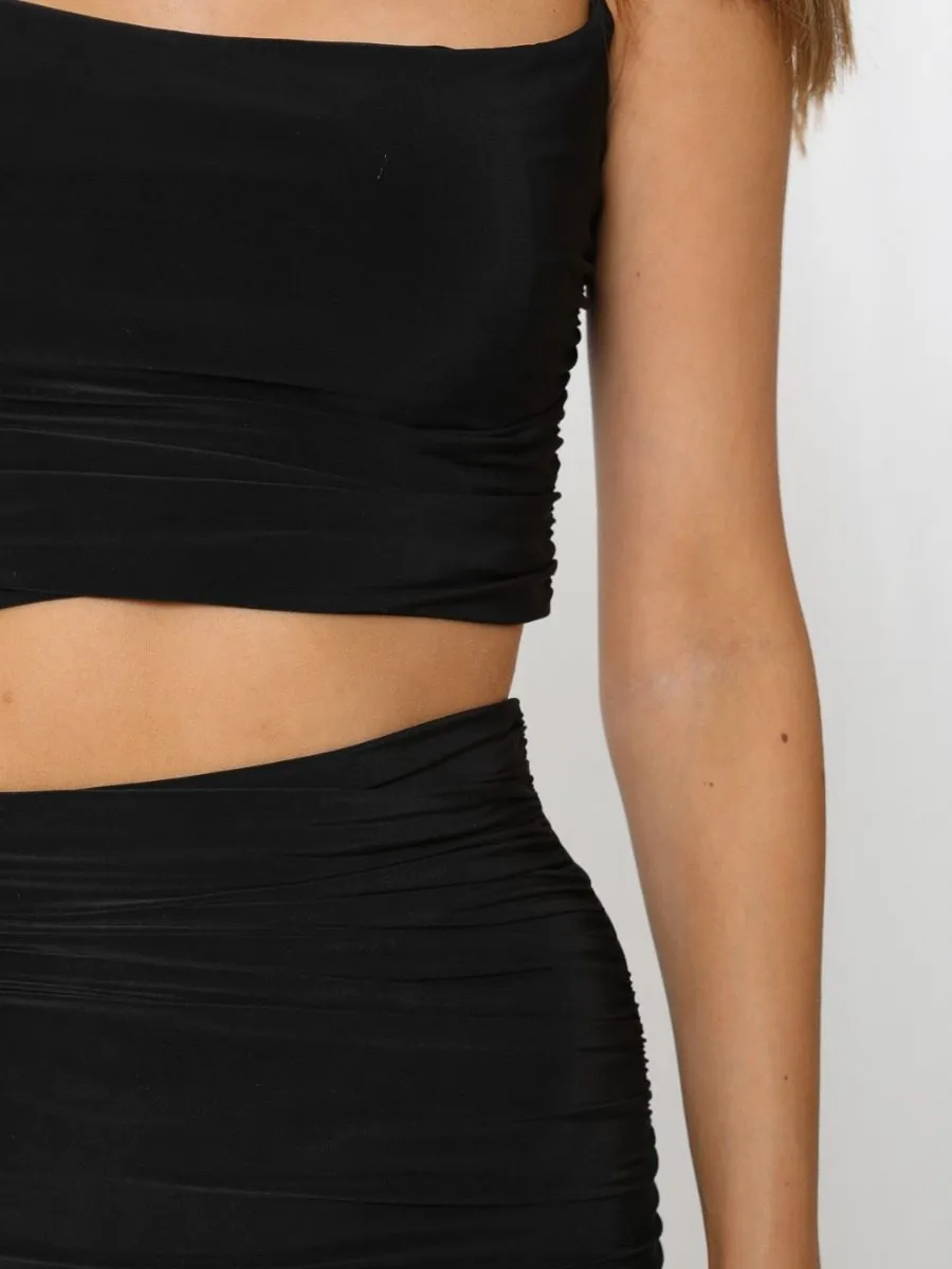 Meagan Slinky Ruched Crop Top & Skirt Co-ord In Black sold by Vivichi product image thumbnail 3