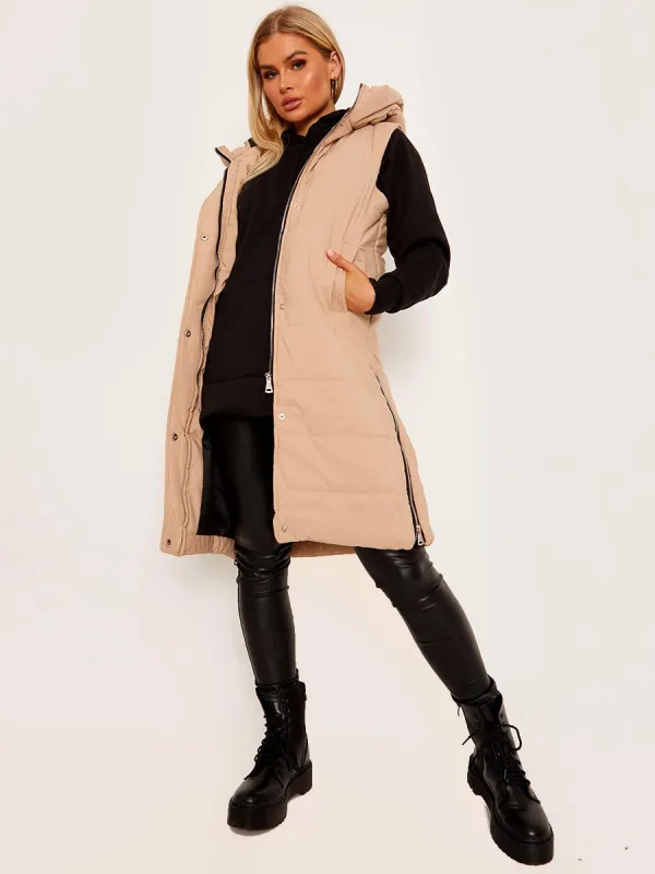Michele Longline Hooded Puffer Gilet In Stone made by Vivichi