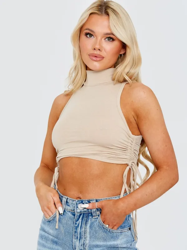 Kathleen High Neck Sleeveless Ruched Vest Top In Stone sold by Vivichi