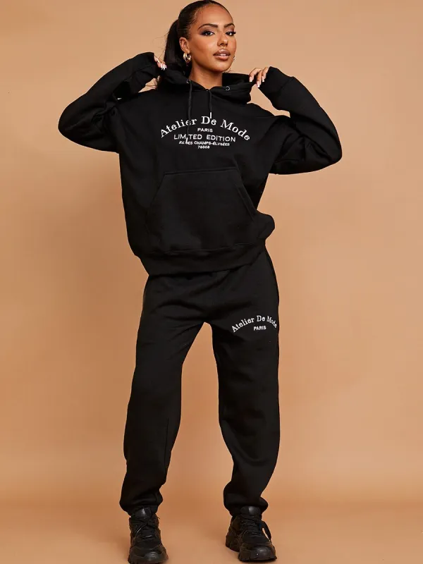 Lexie Embroidered Atelier De Mode Hooded Fleece Co-ord In Black made by Vivichi