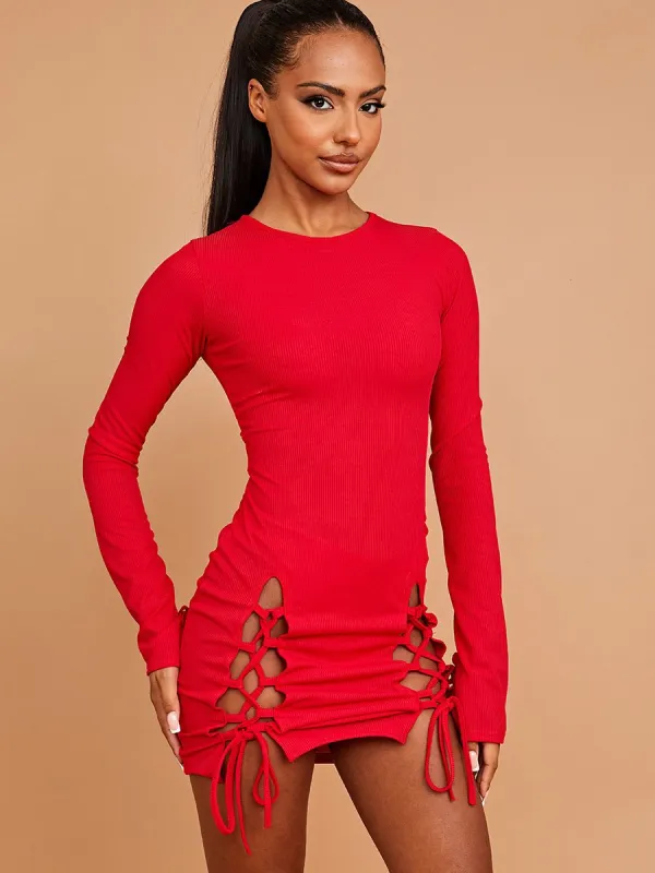 Diana Lace Up Front Ribbed Bodycon Dress In Red sold by Vivichi