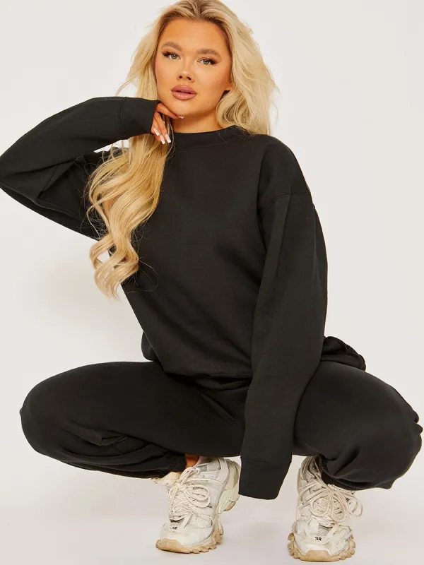 Jullie Oversized Plain Sweatshirt & Jogger Fleeced Co-ord In Black sold by Vivichi