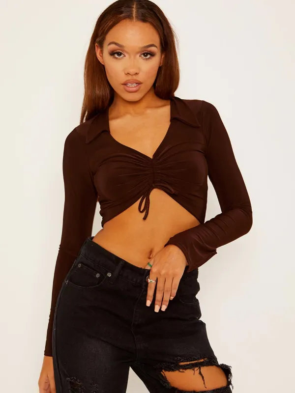 Allina Ruched Front Collared Slinky Crop Top In Brown sold by Vivichi