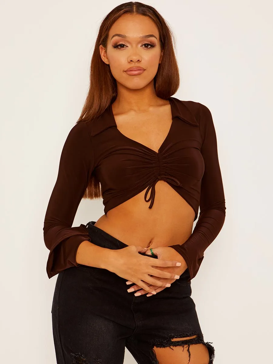 Allina Ruched Front Collared Slinky Crop Top In Brown sold by Vivichi product image thumbnail 2