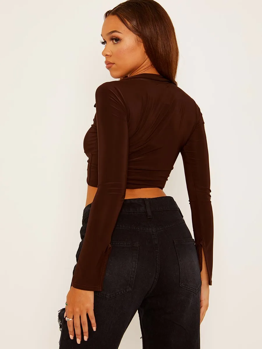 Allina Ruched Front Collared Slinky Crop Top In Brown sold by Vivichi product image thumbnail 3