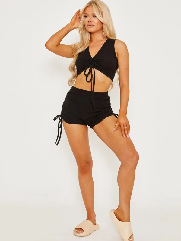 Sandi Sleeveless Ruched Crop Top & Shorts Ribbed Co-ord In Black sold by Vivichi