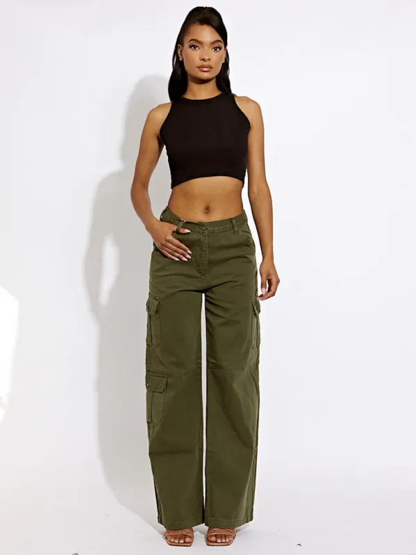 Julian Wide Leg Denim Cargo Trousers In Khaki sold by Vivichi