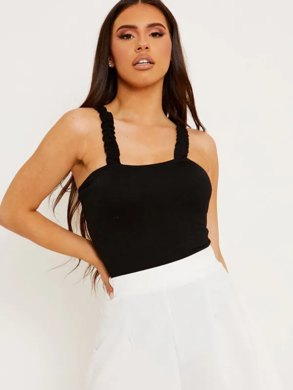 Kamila Ruched Frill Straps Bodysuit In Black sold by Vivichi