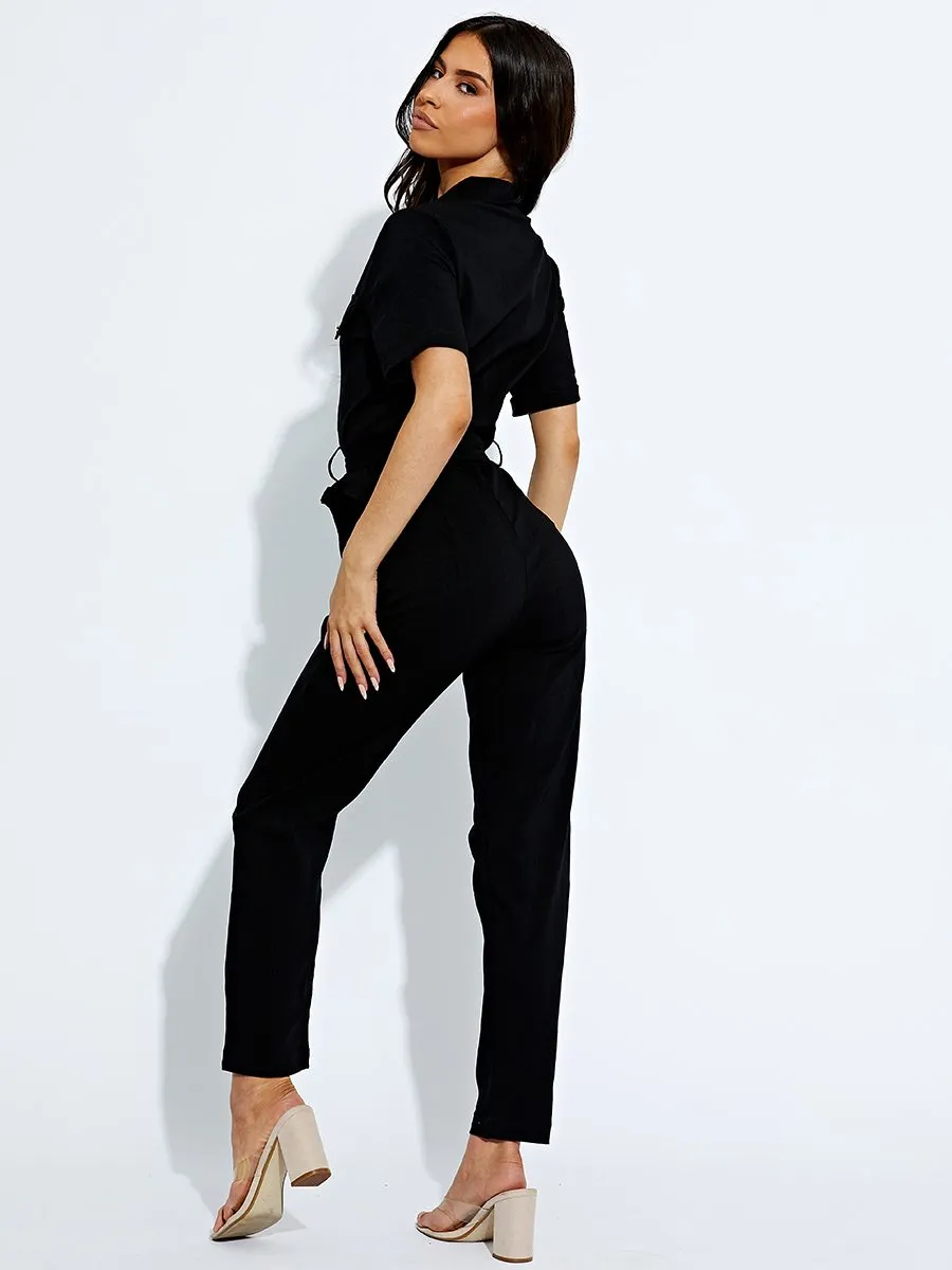 Yara Collared Zip Front Belted Jumpsuit In Black sold by Vivichi product image thumbnail 4