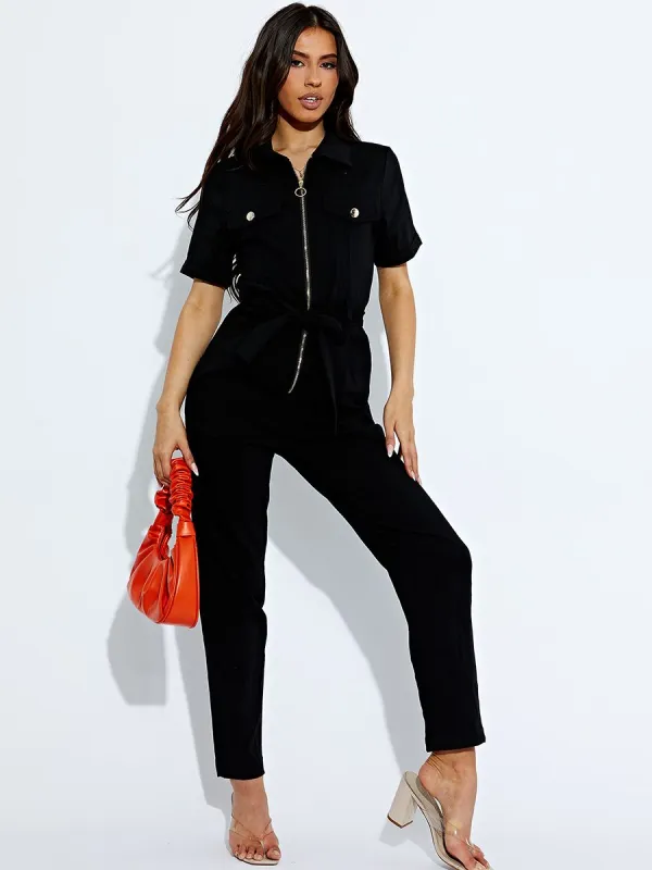 Yara Collared Zip Front Belted Jumpsuit In Black sold by Vivichi