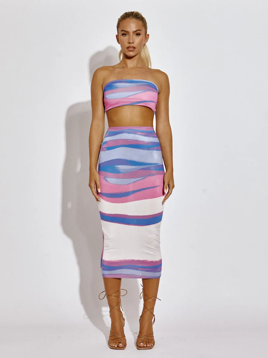 Camile Printed Bandeau Crop Top & Midi Skirt Co-ord In Blue sold by Vivichi