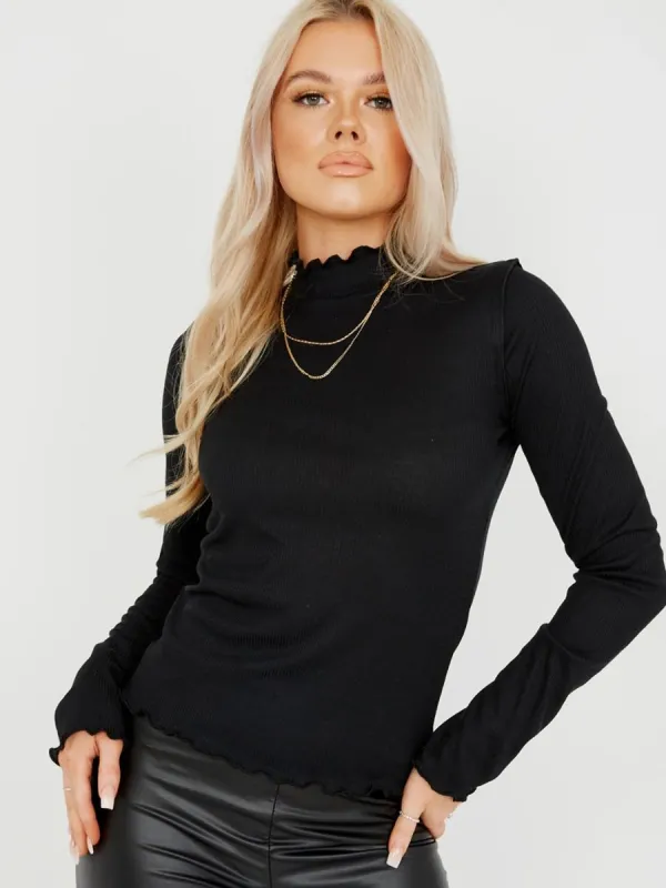 Michelle Ribbed Frill High Neck Top In Black sold by Vivichi