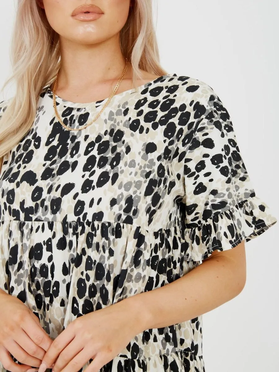 Isobel Abstract Leopard Print Frill Tiered Smock Dress In Beige sold by Vivichi product image thumbnail 2