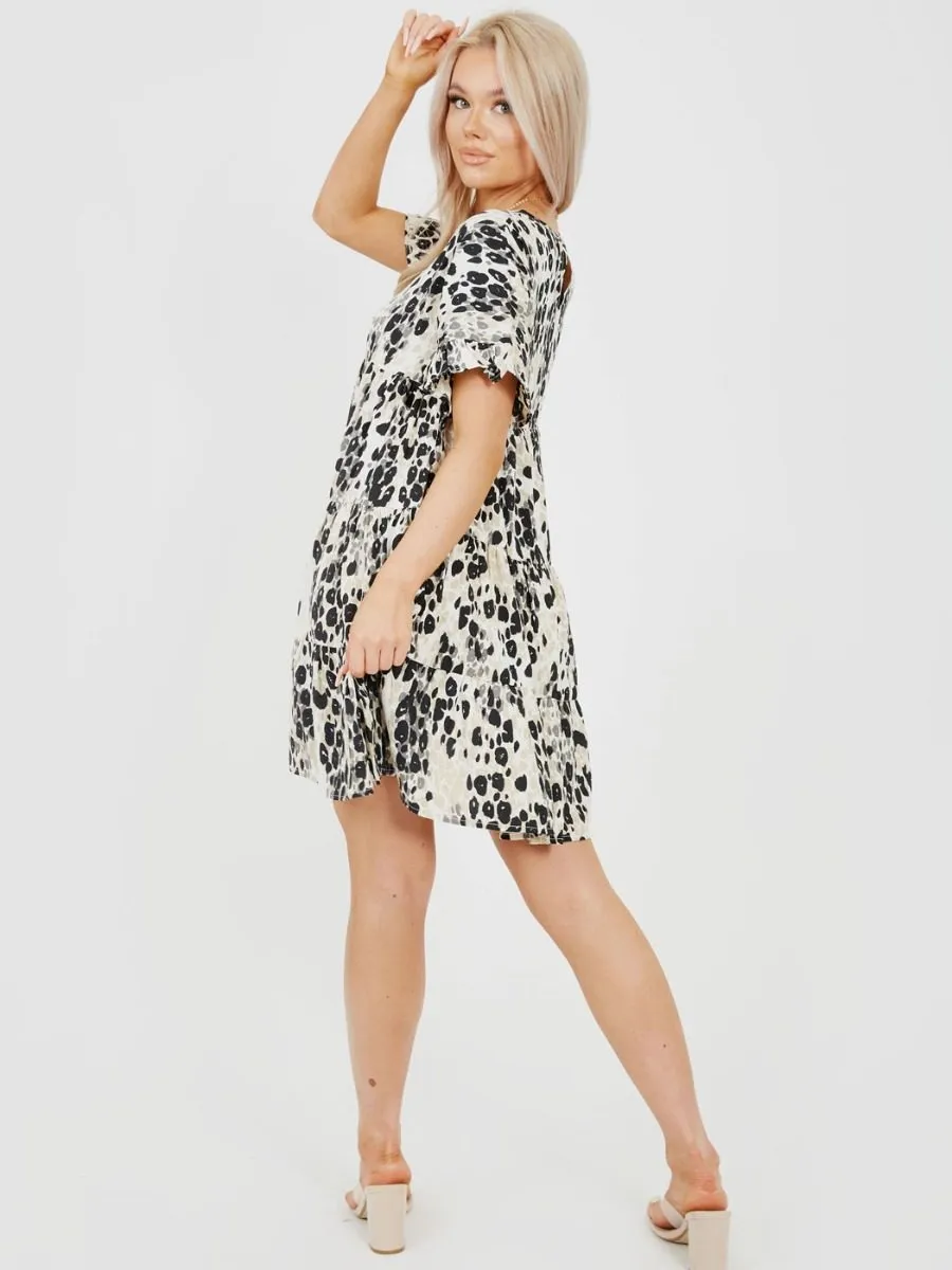 Isobel Abstract Leopard Print Frill Tiered Smock Dress In Beige sold by Vivichi product image thumbnail 3