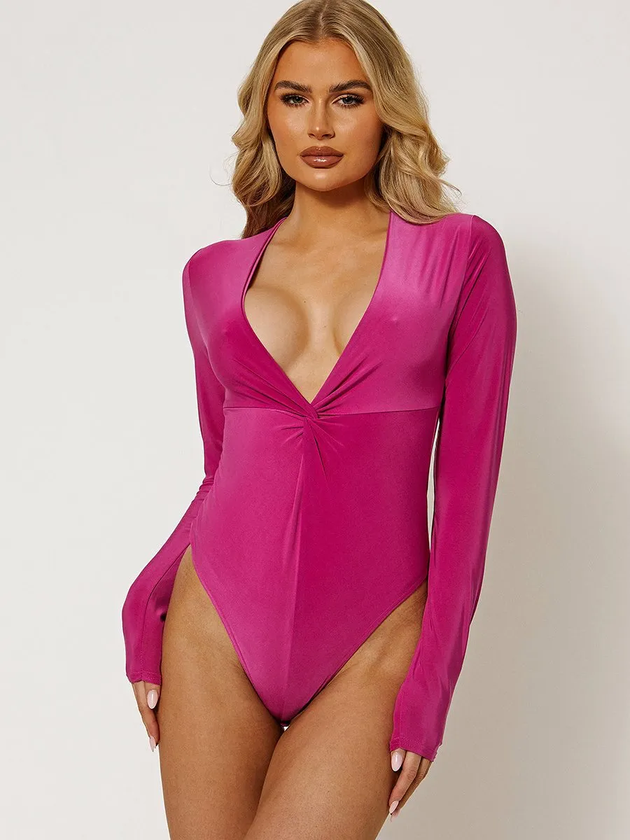 Bella Twist Front Slinky Bodysuit In Fuchsia sold by Vivichi product image thumbnail 4