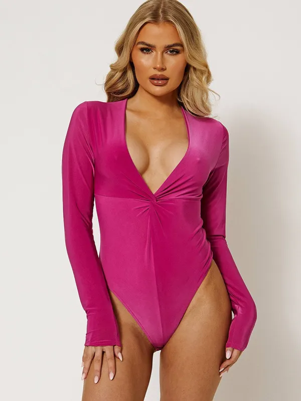 Bella Twist Front Slinky Bodysuit In Fuchsia sold by Vivichi