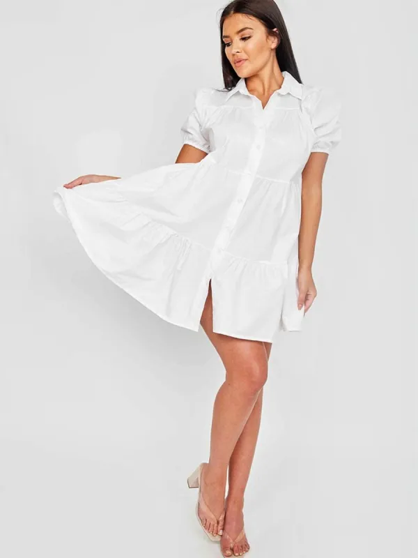 Mia Button-Front Tiered Smock Dress In White sold by Vivichi