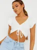 Zaira Cap Sleeve Ruched Front Ribbed Crop Top In White sold by Vivichi