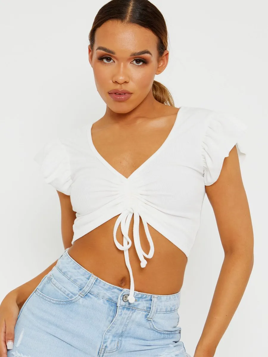 Zaira Cap Sleeve Ruched Front Ribbed Crop Top In White sold by Vivichi product image thumbnail 2
