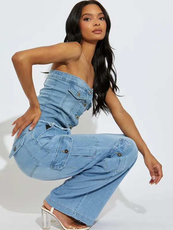 Julian Wide Leg Denim Cargo Trousers In Blue sold by Vivichi