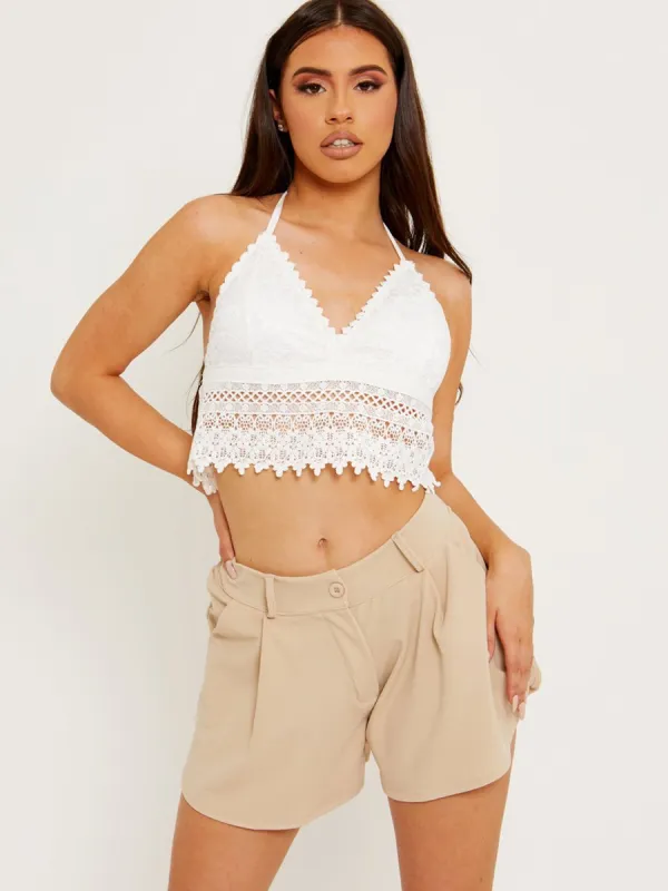 Lynzi Tie Backless Crochet Halter Top In Cream sold by Vivichi