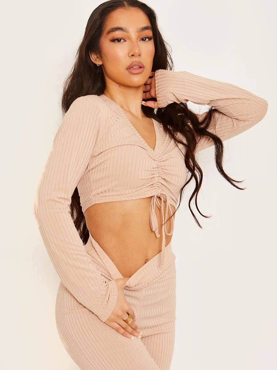 Demi Ribbed Ruched Crop Top & Flared Trouser Co-ord In Stone sold by Vivichi product image thumbnail 5