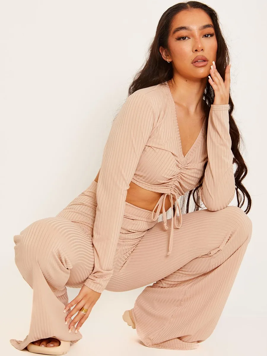 Demi Ribbed Ruched Crop Top & Flared Trouser Co-ord In Stone sold by Vivichi product image thumbnail 2