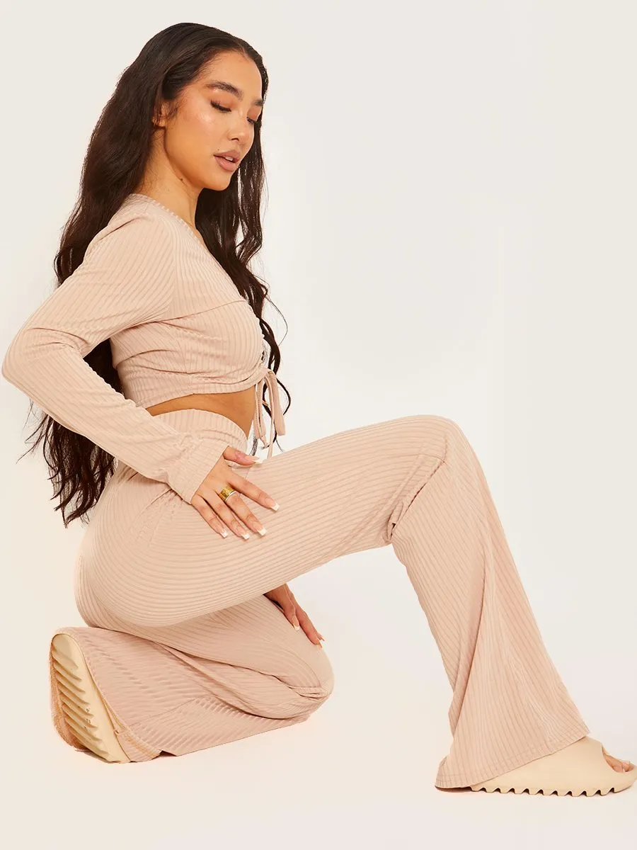 Demi Ribbed Ruched Crop Top & Flared Trouser Co-ord In Stone sold by Vivichi product image thumbnail 3