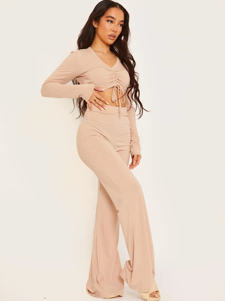 Demi Ribbed Ruched Crop Top & Flared Trouser Co-ord In Stone sold by Vivichi product image thumbnail 4