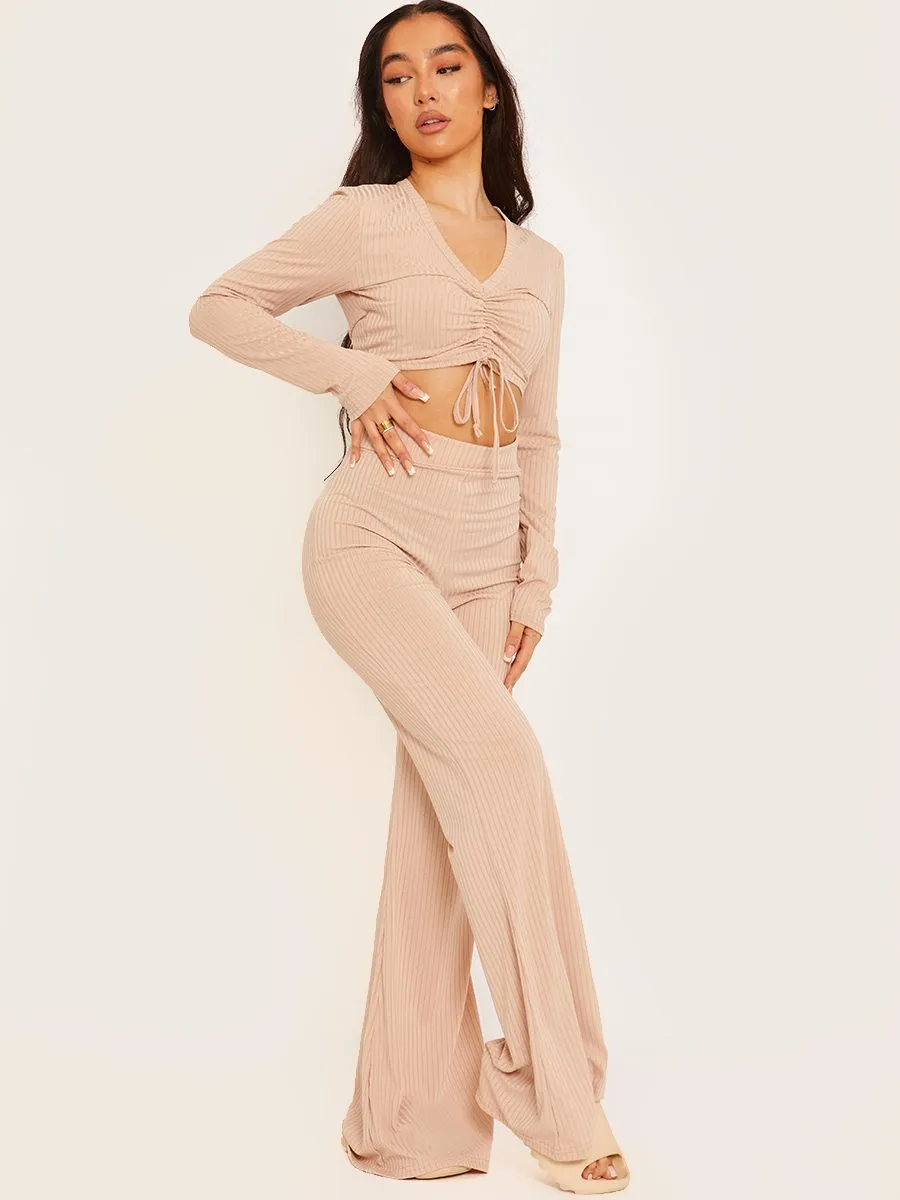 Demi Ribbed Ruched Crop Top & Flared Trouser Co-ord In Stone sold by Vivichi