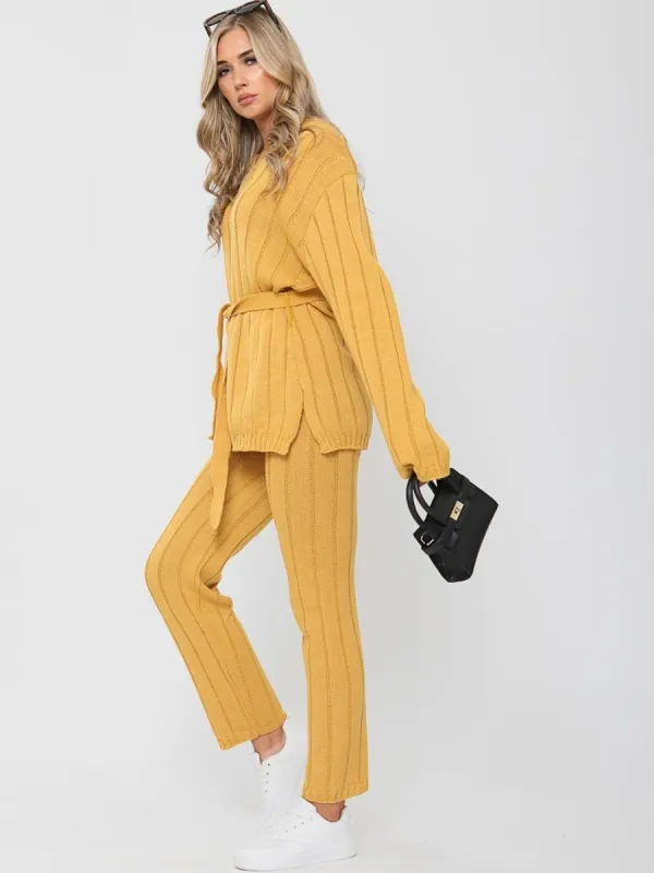 Sammie Ribbed Knitted Belted Loungewear Set In Mustard sold by Vivichi