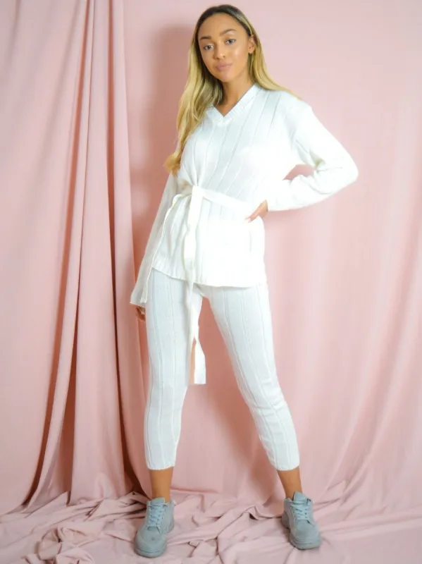 Sammie Ribbed Knitted Belted Loungewear Set In Cream sold by Vivichi