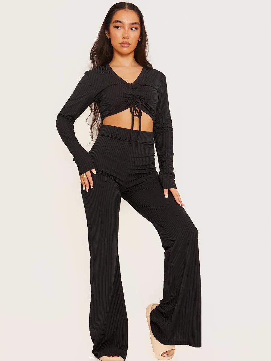 Demi Ribbed Ruched Crop Top & Flared Trouser Co-ord In Black sold by Vivichi product image thumbnail 3
