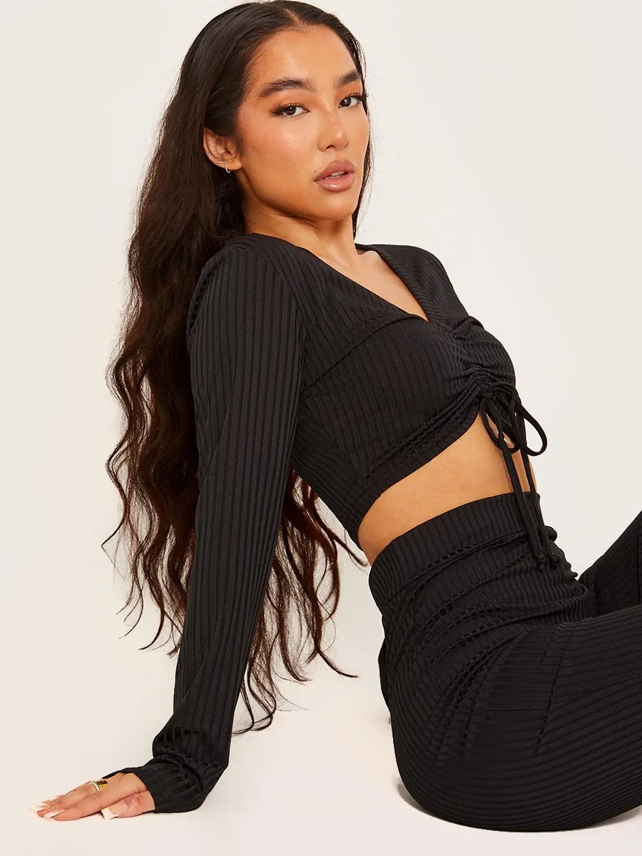 Demi Ribbed Ruched Crop Top & Flared Trouser Co-ord In Black sold by Vivichi