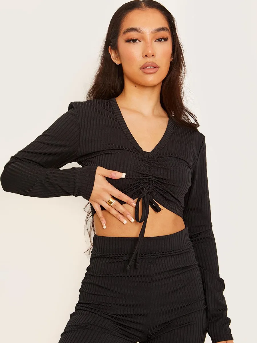 Demi Ribbed Ruched Crop Top & Flared Trouser Co-ord In Black sold by Vivichi product image thumbnail 4