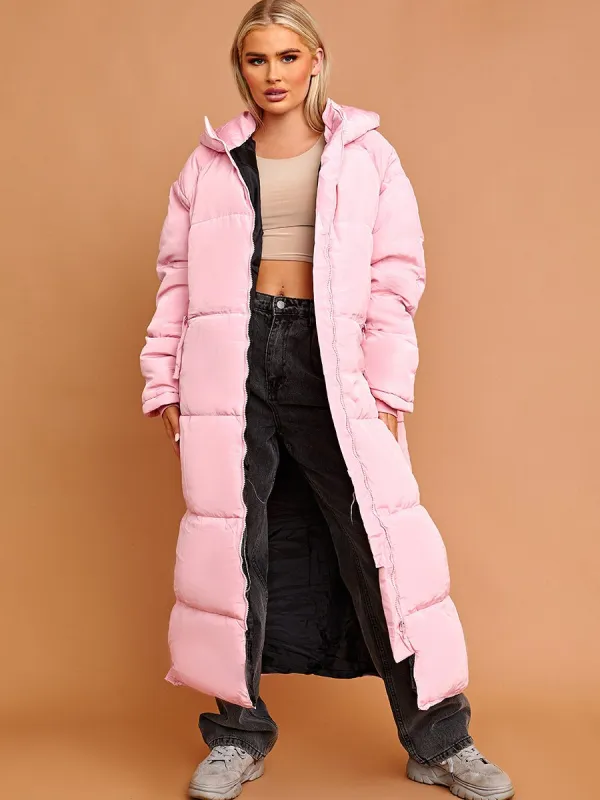Nicky Longline Quilted Hooded Coat with Button Detail In Pink sold by Vivichi