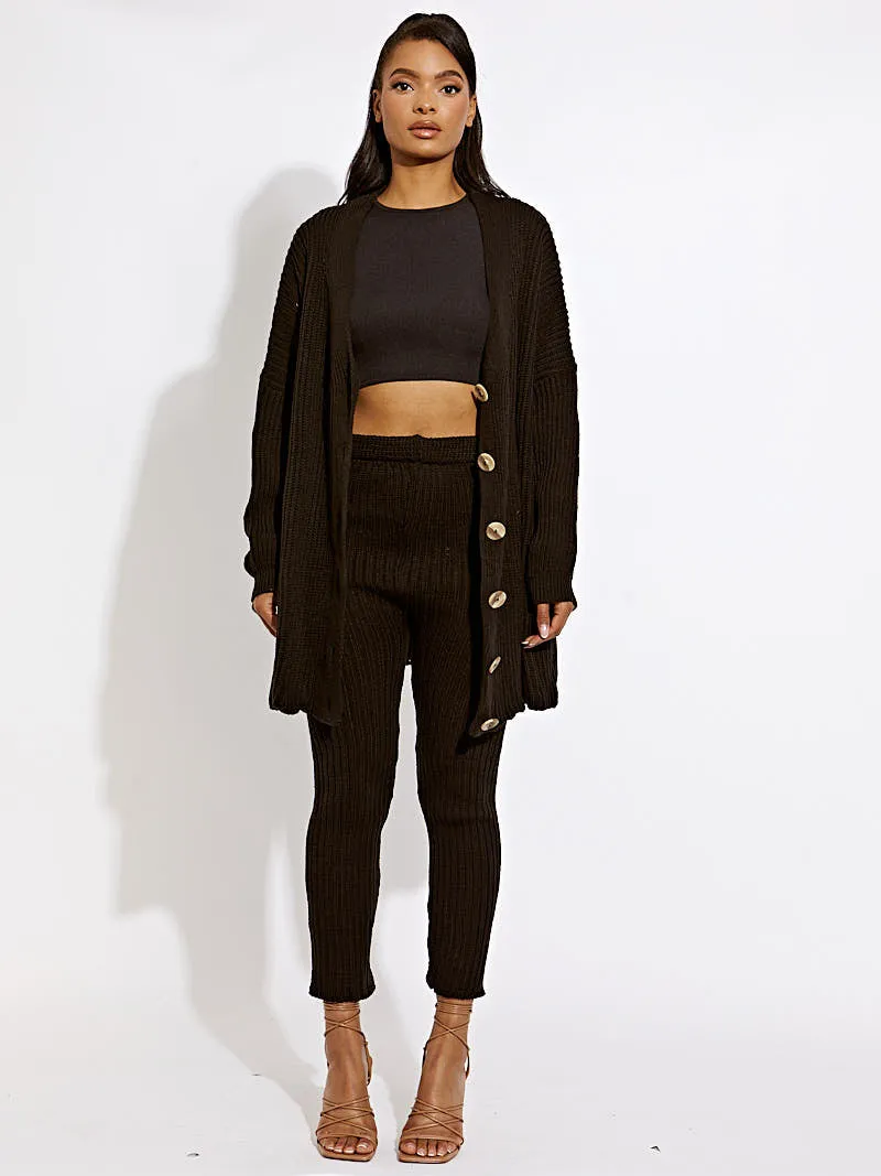 Alex Ribbed Knit Buttoned Cardigan & Legging Co-ord In Black sold by Vivichi