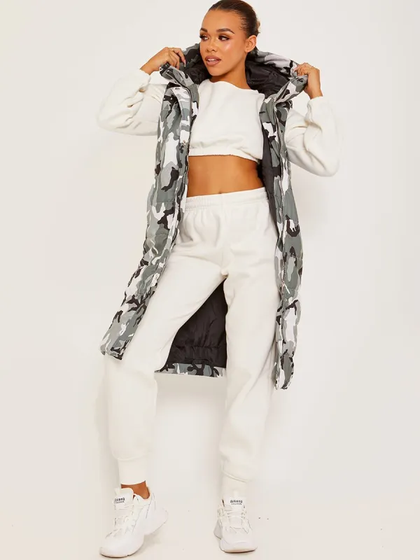 Michele Camouflage Longline Padded Hooded Gilet In Grey sold by Vivichi