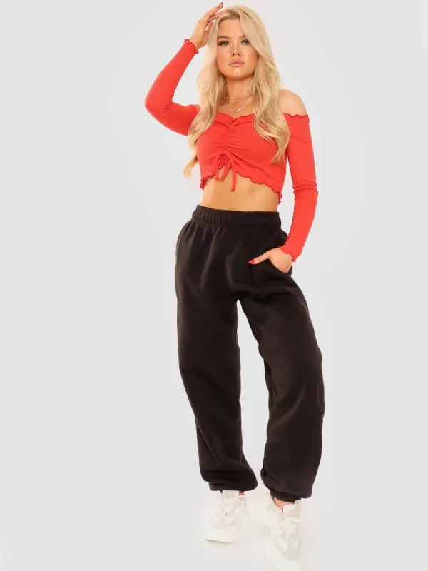 Lois Ruched Frill Ribbed Bardot Crop Top In Red sold by Vivichi