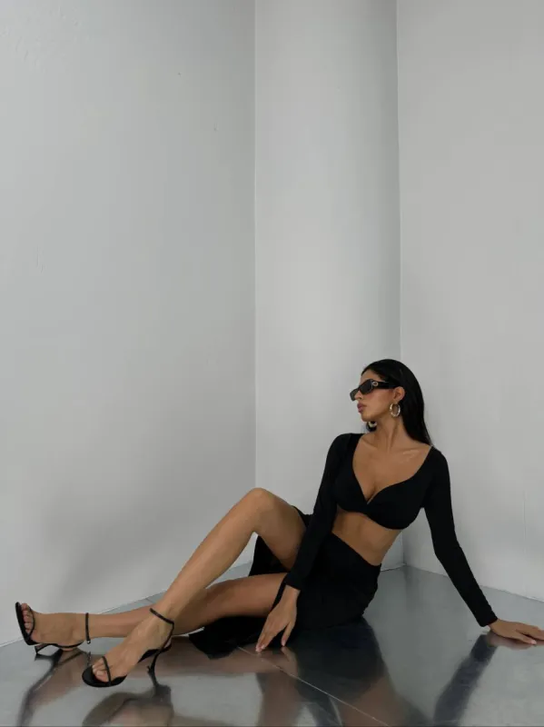 **PRE-ORDER** Olga Gather Detail Crop Top & Slit Skirt In Black sold by Vivichi
