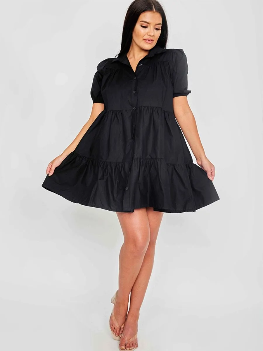 Mia Button-Front Tiered Smock Dress In Black sold by Vivichi product image thumbnail 3