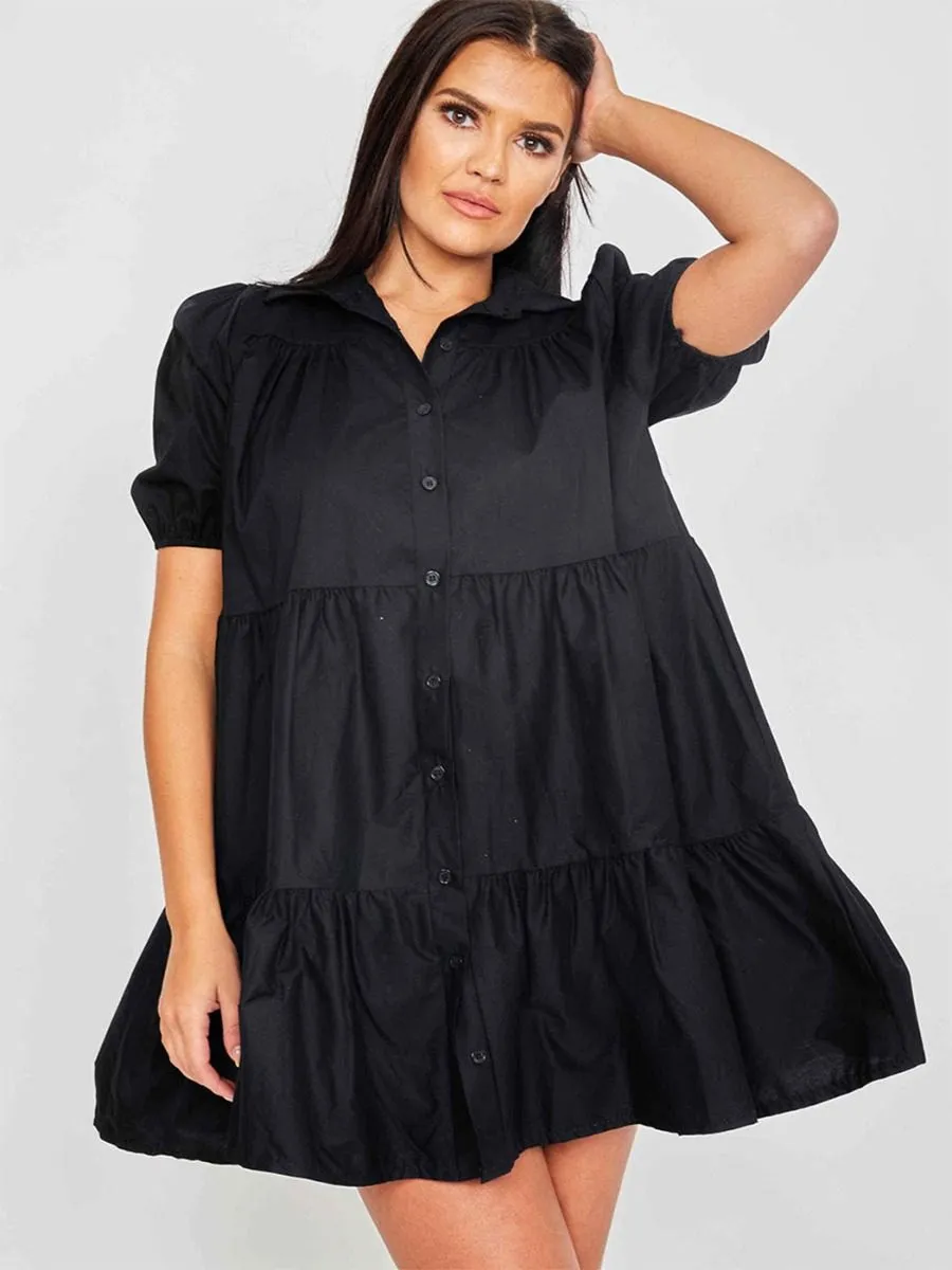 Mia Button-Front Tiered Smock Dress In Black sold by Vivichi
