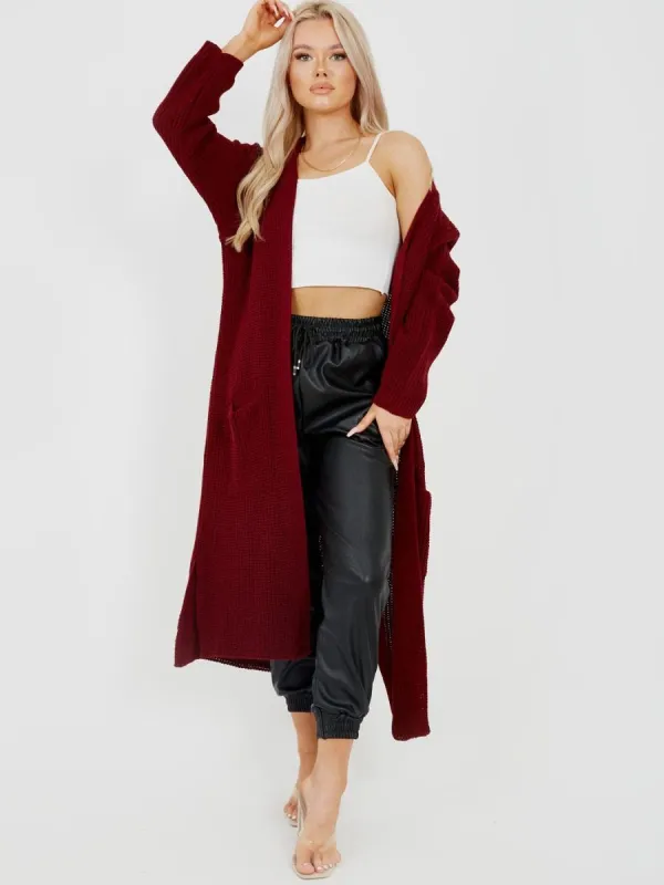 Leeka Longline Knitted Open Cardigan In Wine sold by Vivichi