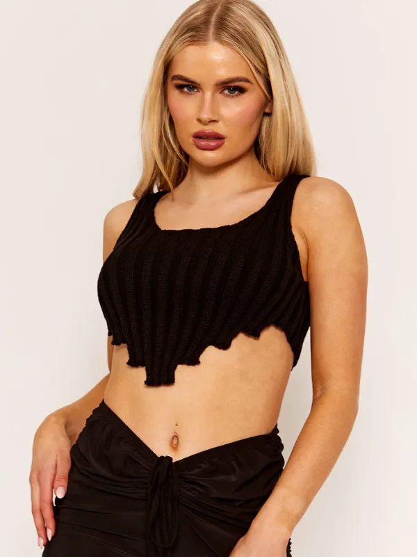 Cate Asymmetric Hem Knitted Vest Crop Top In Black sold by Vivichi